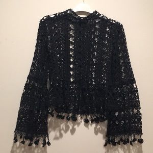 White Closet Black Long Sleeve Lace Peplum Top